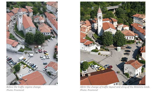 Picture 7 and 8: Solkan historical core before and after rearrangement during URBACT Thriving Streets project Small Scale Action in 2021. Photo: Prostorož. 