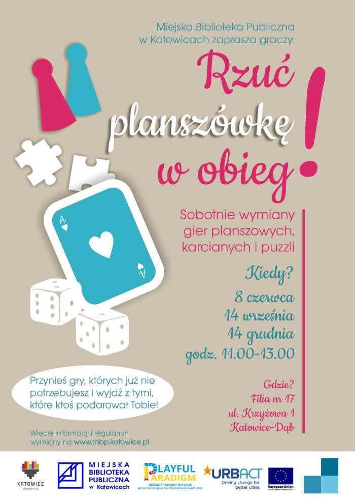 Poster - Rzuć plaszówkę w obieg (Pass your board game on) - An event by the Municipal Public Library in Katowice 