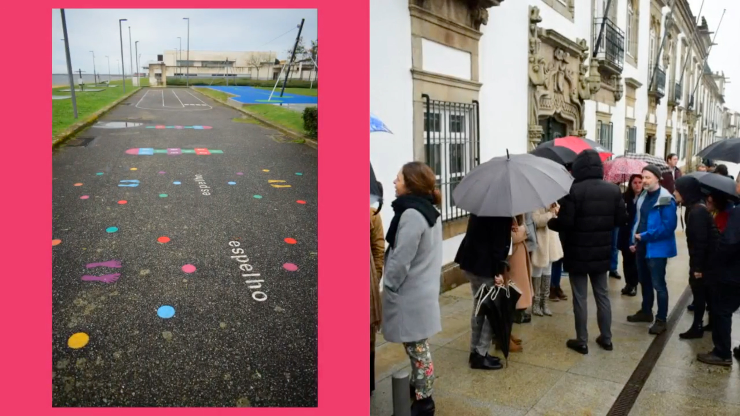 The Project Partners walk uder the rain across Viana do Castello (Portugal) and a road with playable decorations