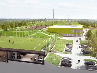 Visualisatie van Sportpark Prins Willem-Alexander, thuishaven van VVKS, dat deels is gelegen op het tunneldak van de snelweg A4. Visualisatie van Sportpark Prins Willem-Alexander, thuishaven van VVKS, dat deels is gelegen op het tunneldak van de snelweg A4.