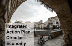 a view of the city of Ciudad Real with the text "Integrated Action Plan Circular Economy" on it